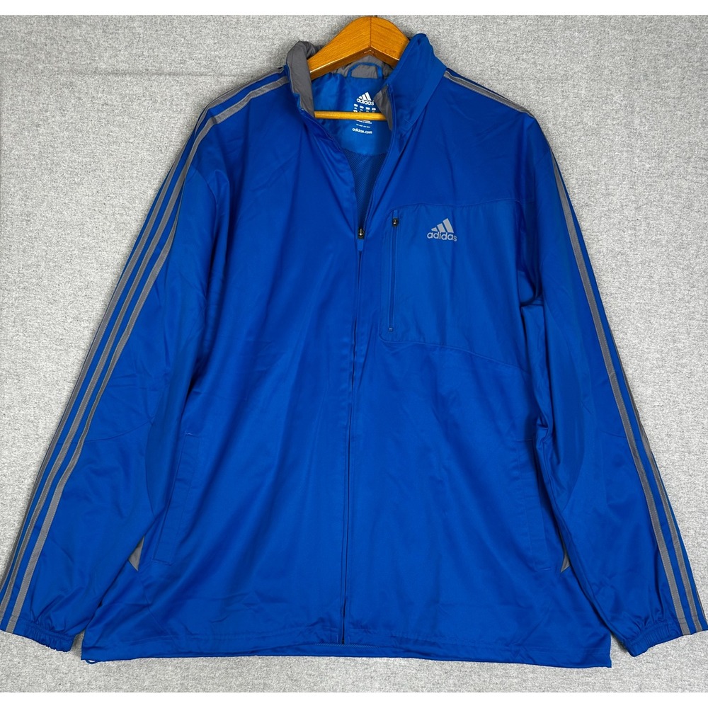 Adidas Track Jacket Mens 2XL Blue Packable Hood Full Zip Mesh Lined 3-Stripe